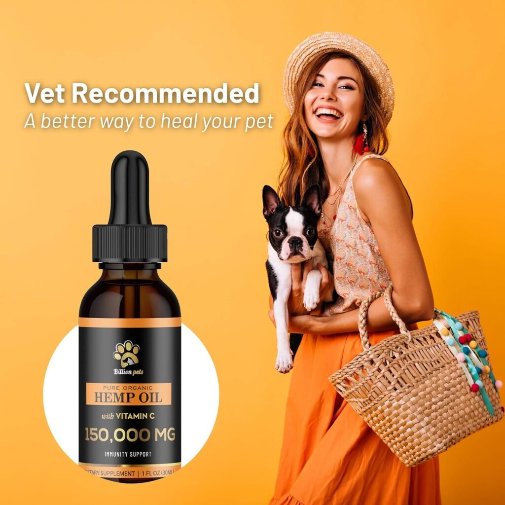 Billion Pets Hemp Oil for Dogs and Cats – Pure Organic Extract Calming Aid Drops with Vitamin C for Immune Support – Hip and Joint Supplement with Amino Acids for Skin Health