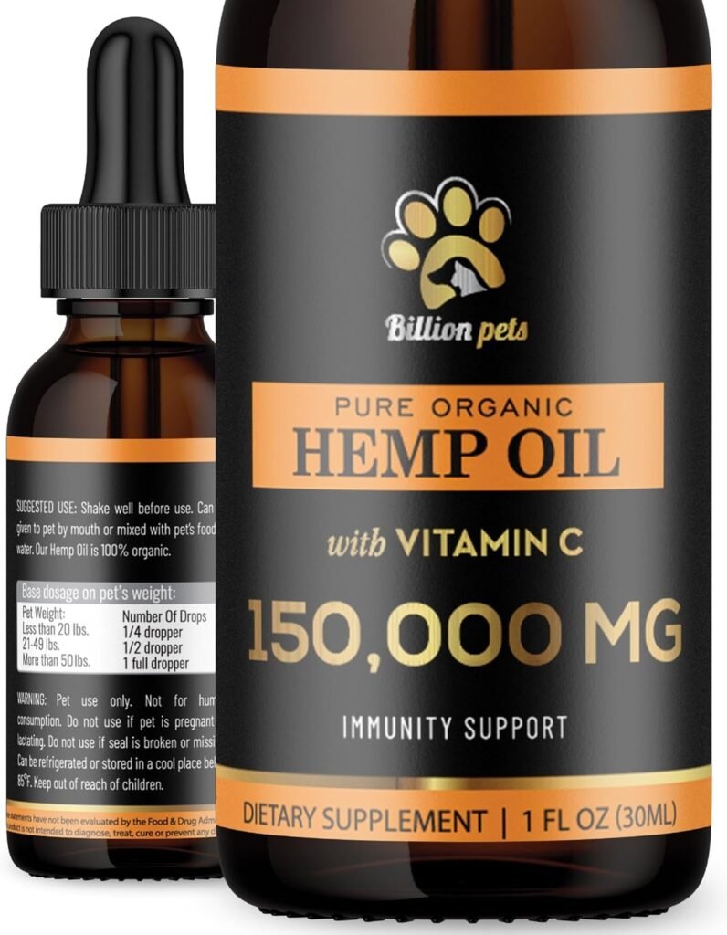 Billion Pets Hemp Oil for Dogs and Cats – Pure Organic Extract Calming Aid Drops with Vitamin C for Immune Support – Hip and Joint Supplement with Amino Acids for Skin Health