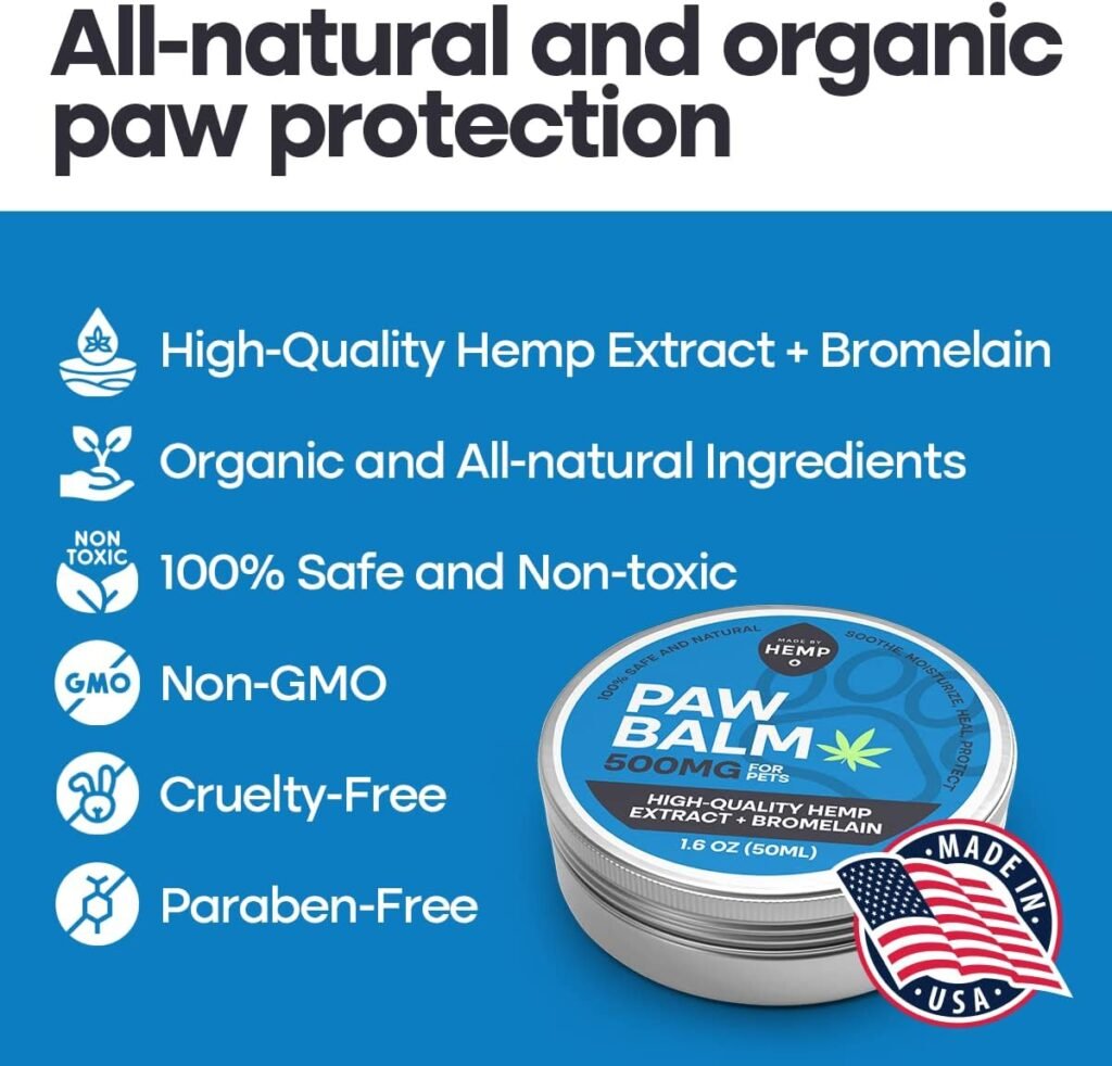 Made by Hemp Dog Paw Balm, Cat Paw Balm - Lick Safe - Dog Nose Balm, Horse Snout Soother, Paw Soother, Paw Wax, Horse Scar Tissue, Paw Cream, Moisturizer For Dry Cracked Pads- 500mg Hemp Extract,1.6oz