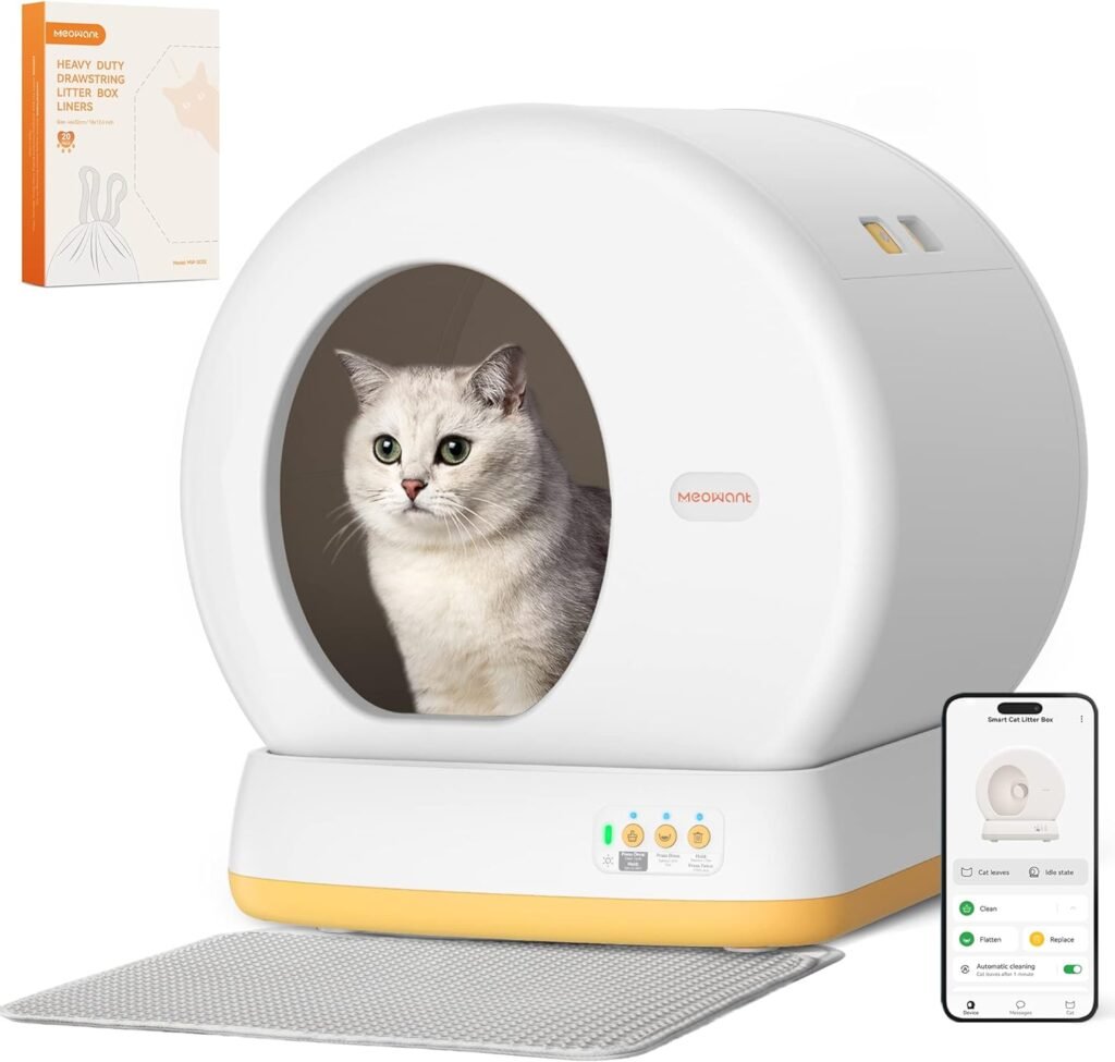 MeoWant Self-Cleaning Cat Litter Box-Yellow, Advanced Safety System Automatic Cat Litter Box Perfect for Multi Cats, Extra Large/Odor Isolation/APP Control Smart Cat Litter Box with Mat  Liner