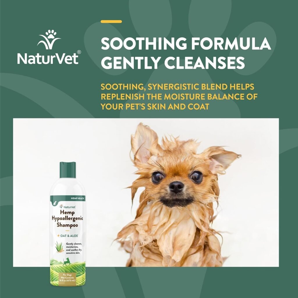 NaturVet Hemp Hypoallergenic Shampoo with Oat and Aloe for Dogs, 16oz Liquid, Made in The USA