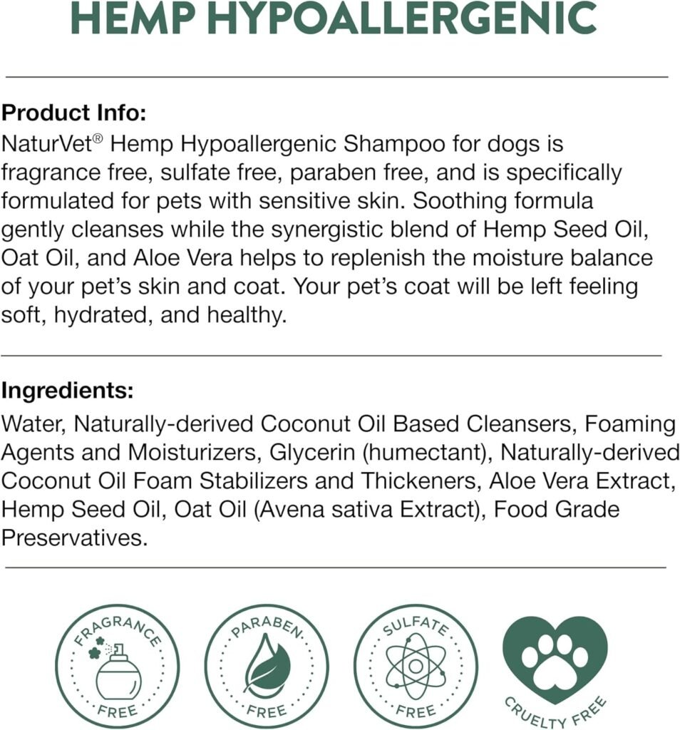 NaturVet Hemp Hypoallergenic Shampoo with Oat and Aloe for Dogs, 16oz Liquid, Made in The USA