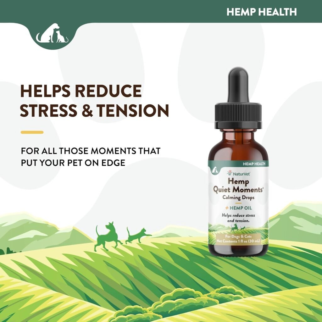 NaturVet – Hemp Quiet Moments Calming Drops – Enhanced with Hemp Seed Oil, L-Tryptophan  Ginger – Helps Reduce Stress  Promote Relaxation – for Dogs  Cats