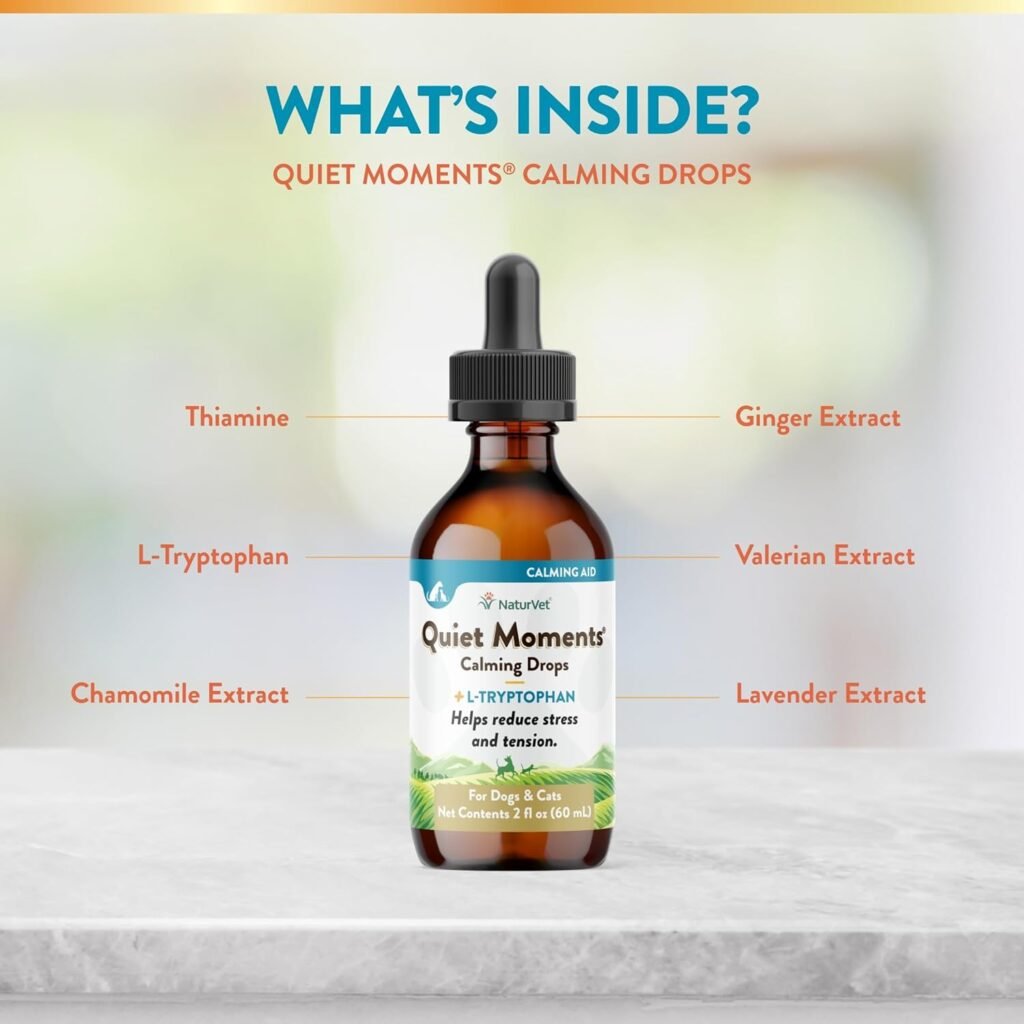 NaturVet – Hemp Quiet Moments Calming Drops – Enhanced with Hemp Seed Oil, L-Tryptophan  Ginger – Helps Reduce Stress  Promote Relaxation – for Dogs  Cats