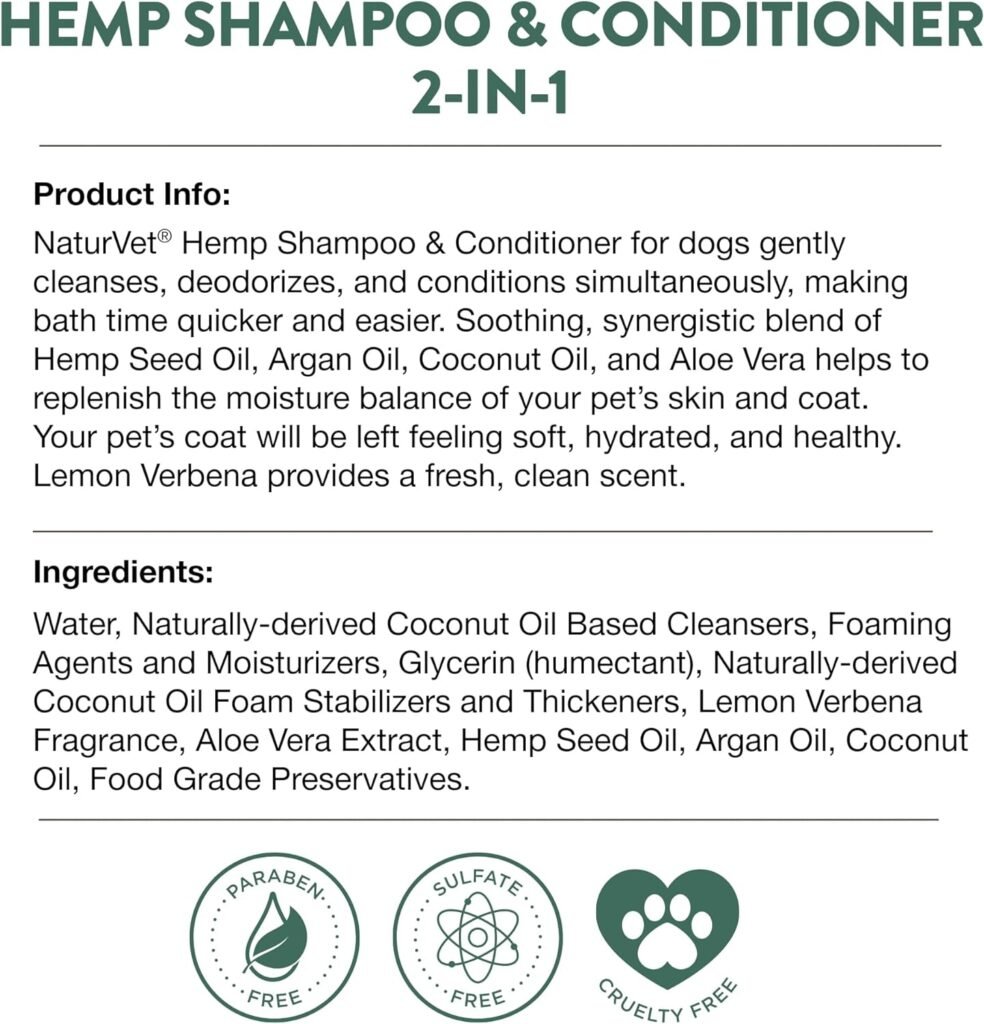 NaturVet Hemp Shampoo  Conditioner 2-in-1 with Argan and Coconut for Dogs, 16oz Liquid, Made in The USA