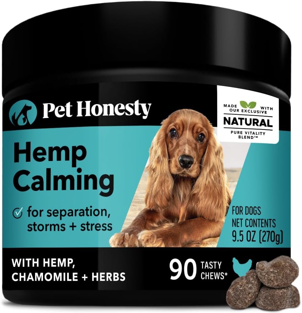 Pet Honesty Hemp Calming Chews for Dogs - Dog Anxiety Relief, Dog Calming Treats with Hemp + Valerian Root, Melatonin for Dogs - Helps Aid with Thunder, Fireworks, Chewing  Barking (Chicken 90 ct)