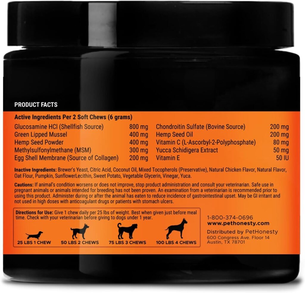 Pet Honesty Hemp Hip  Joint Supplement for Dogs - Hemp Oil  Hemp Powder - Glucosamine Chondroitin for Dogs, Turmeric, MSM, Green-Lipped Mussel, Supports Mobility, May Reduce Discomfort (Duck)