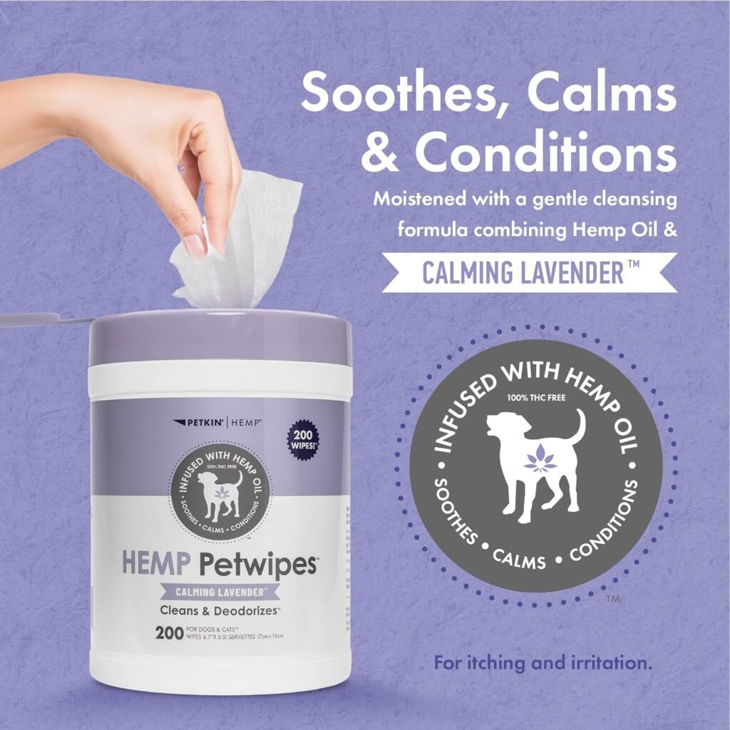 Petkin Hemp Pet Wipes for Dogs and Cats - with Hemp Oil  Calming Lavender Scent, 200 Count - Soothes, Calms  Conditions - Wipes for Pets Face, Eyes and Body - for Home or Travel