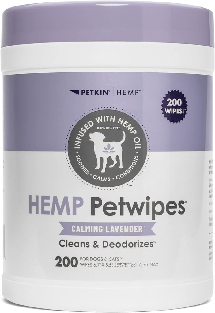 Petkin Hemp Pet Wipes for Dogs and Cats - with Hemp Oil  Calming Lavender Scent, 200 Count - Soothes, Calms  Conditions - Wipes for Pets Face, Eyes and Body - for Home or Travel