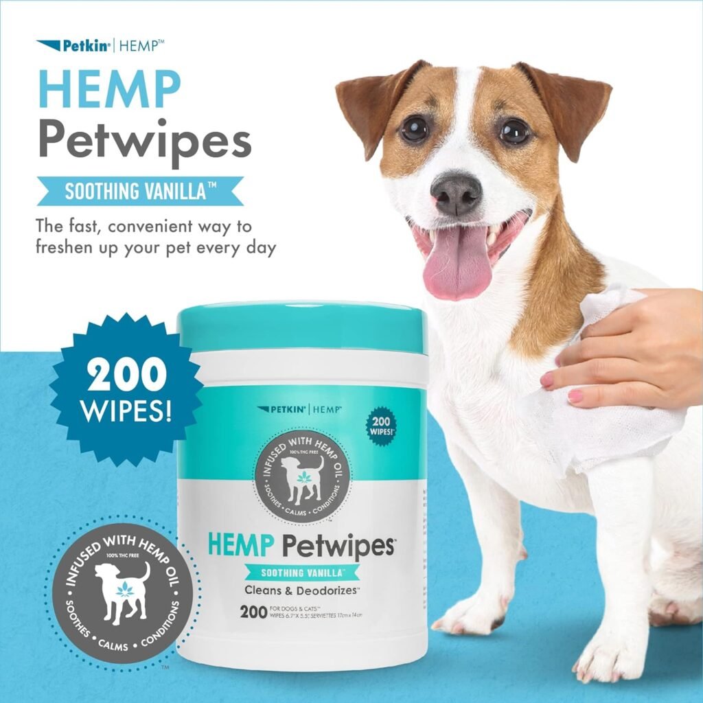 Petkin Hemp Pet Wipes for Dogs and Cats - with Hemp Oil  Soothing Vanilla Scent, 200 Count - Soothes, Calms  Conditions - Wipes for Pets Face, Eyes and Body - for Home or Travel