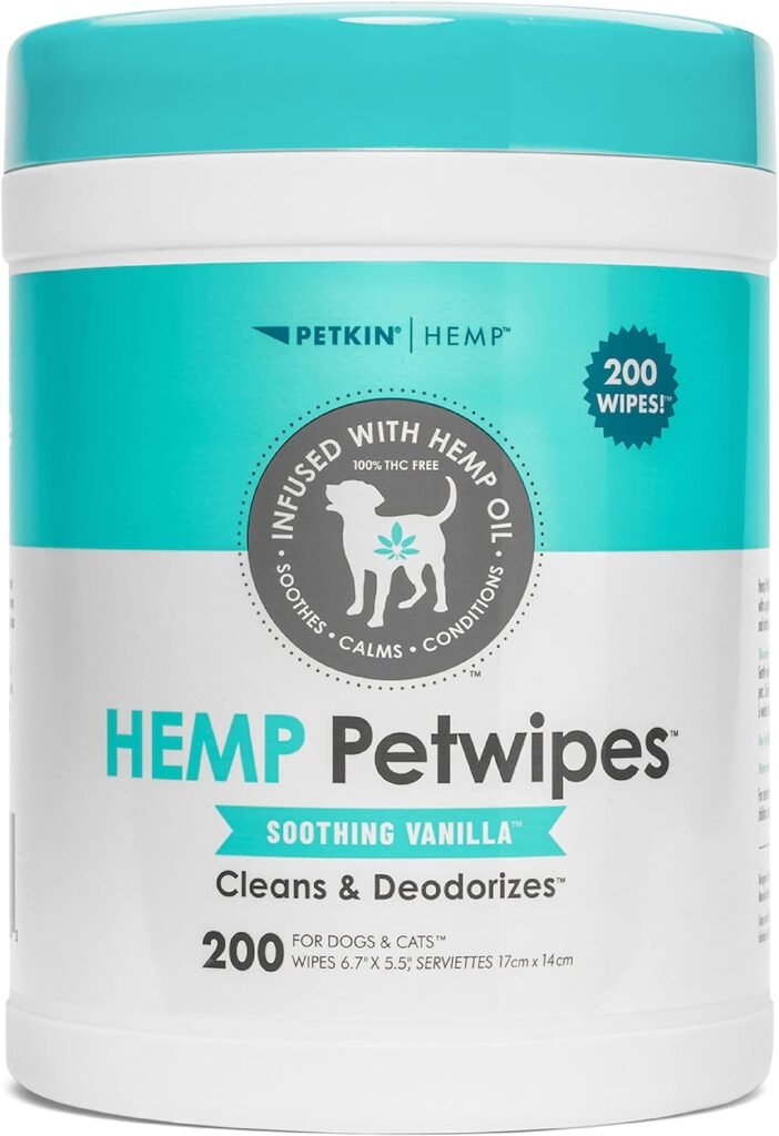 Petkin Hemp Pet Wipes for Dogs and Cats - with Hemp Oil  Soothing Vanilla Scent, 200 Count - Soothes, Calms  Conditions - Wipes for Pets Face, Eyes and Body - for Home or Travel