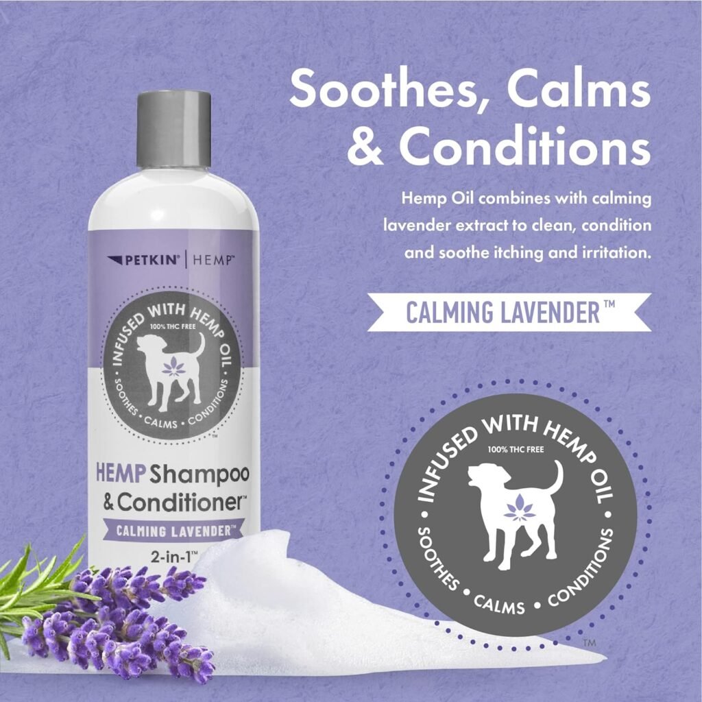 Petkin Hemp Shampoo  Conditioner for Dogs and Cats – with Hemp Oil  Calming Lavender Extract, 16 fl oz – Soothes, Calms  Conditions, Keeps Pet Smelling Great – for Home and Travel