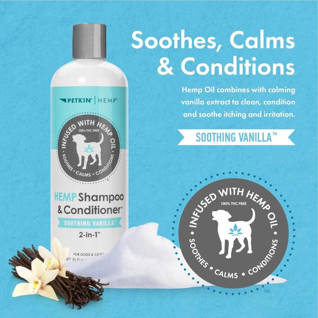 Petkin Hemp Shampoo  Conditioner for Dogs and Cats – with Hemp Oil  Soothing Vanilla Extract, 16 fl oz – Soothes, Calms  Conditions, Keeps Pet Smelling Great – for Home and Travel