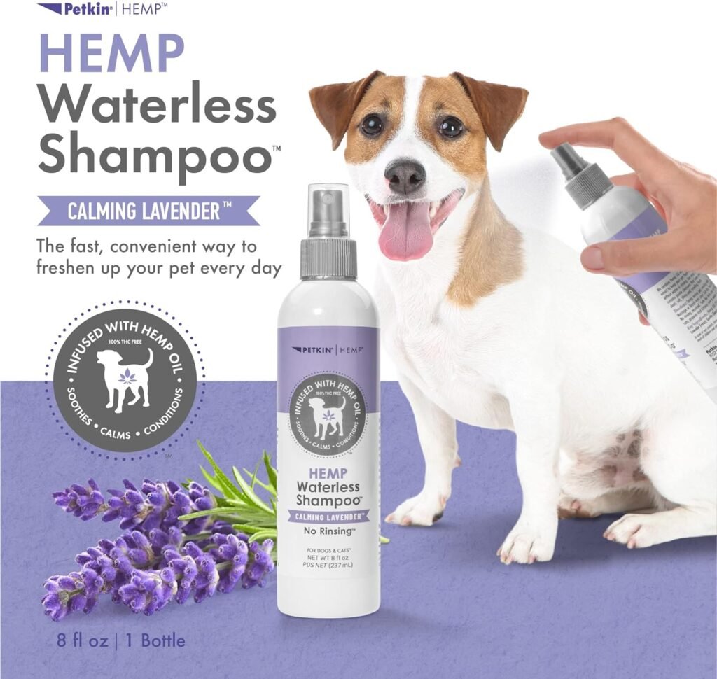 Petkin Hemp Waterless Dog Shampoo Spray – with Hemp Oil  Calming Lavender Extract, 8 fl oz – for Cats and Dogs – Soothes, Calms  Conditions, Keeps Pet Smelling Great – for Home and Travel