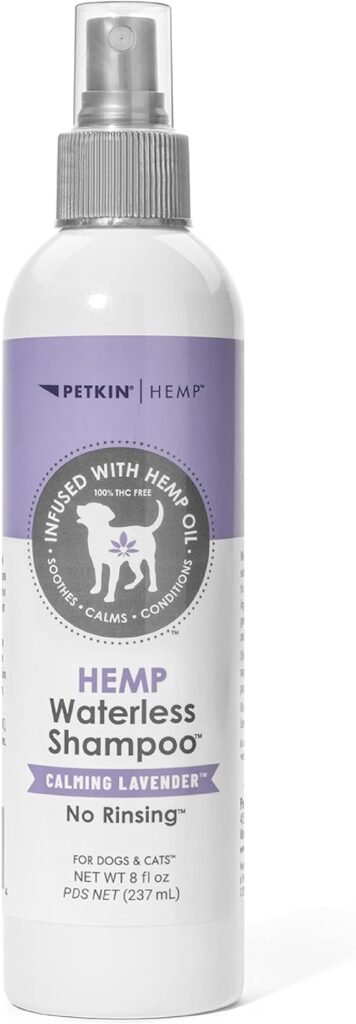 Petkin Hemp Waterless Dog Shampoo Spray – with Hemp Oil  Calming Lavender Extract, 8 fl oz – for Cats and Dogs – Soothes, Calms  Conditions, Keeps Pet Smelling Great – for Home and Travel
