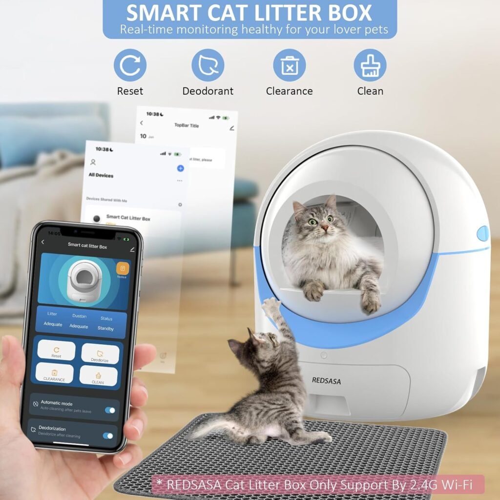 REDSASA Self-Cleaning Cat Litter Box, Automatic Cat Litter Box for Multi Cats, Smart Safety Protection Cat Litter Box, Large Capacity Litter Cat Box with Trash Bag Roll, Odor Isolation/APP Control