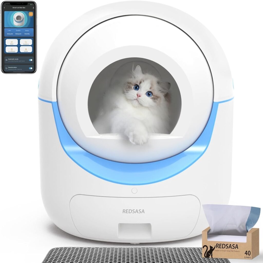 REDSASA Self-Cleaning Cat Litter Box, Automatic Cat Litter Box for Multi Cats, Smart Safety Protection Cat Litter Box, Large Capacity Litter Cat Box with Trash Bag Roll, Odor Isolation/APP Control