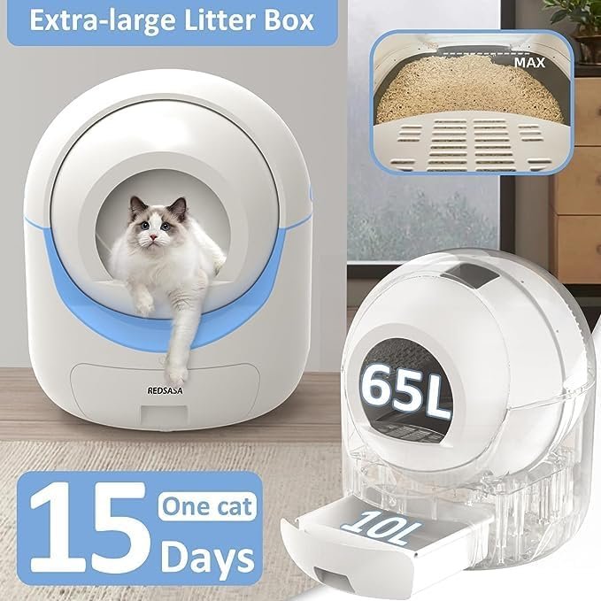 REDSASA Self-Cleaning Cat Litter Box, Automatic Cat Litter Box for Multi Cats, Smart Safety Protection Cat Litter Box, Large Capacity Litter Cat Box with Trash Bag Roll, Odor Isolation/APP Control