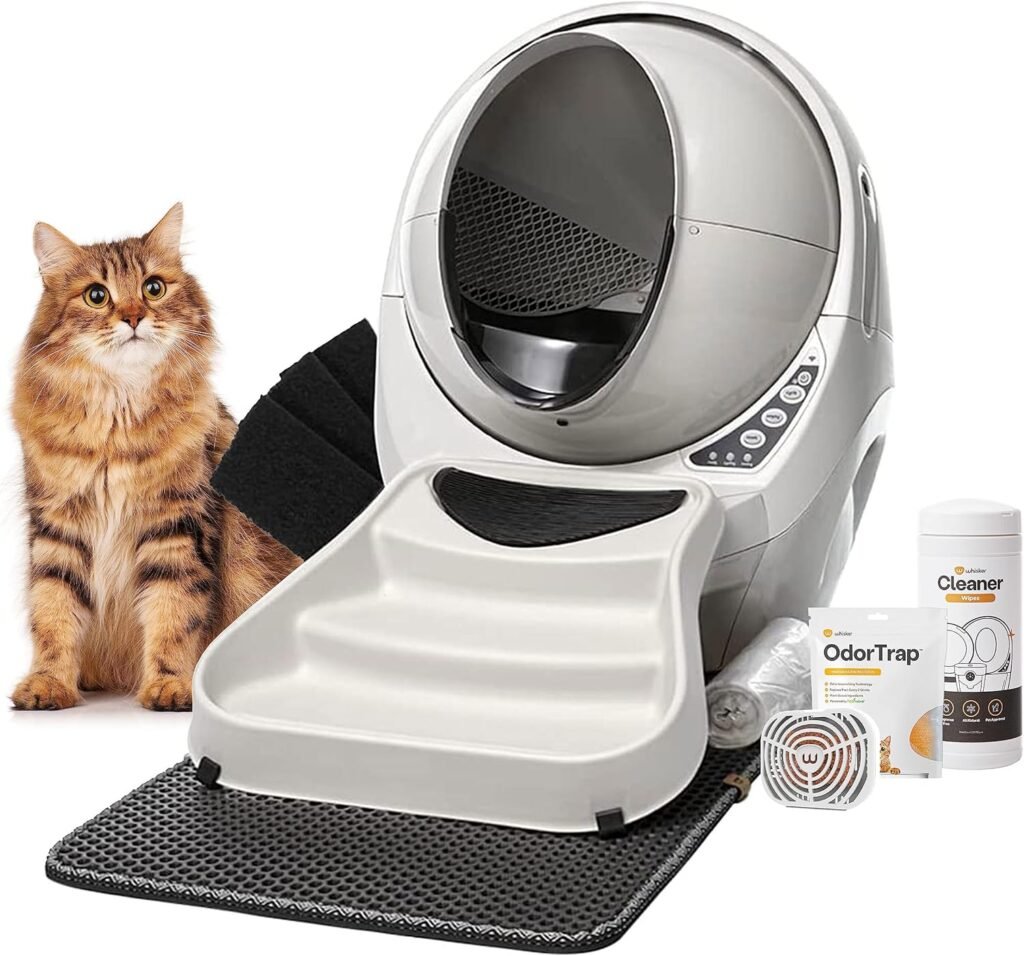 Whisker Litter-Robot 3 Connect Pro Bundle (Grey) Includes Litter-Robot 3, Litter Trap Mat, Fence, Ramp, OdorTrap Pod  6 Refills, 100 Liners, 6 Carbon Filters, Cleaner Wipes  1 Year WhiskerCare