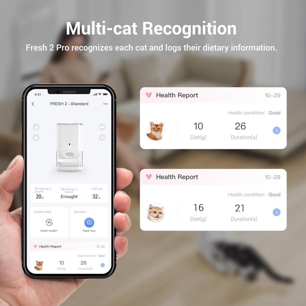 CATLINK Automatic Cat Feeder, Health Report for Cats, 4L Capacity WiFi Enabled Pet Food Dispenser, App Control, Backup Batteries, Timed Cat Food Feeder, Multi-cat Recognition (Fresh 2 Pro)