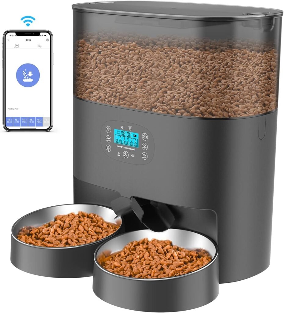 HoneyGuaridan 6L Automatic Cat Feeder for 2 Cats, 2.4G WiFi Enabled Smart Feed Pet Feeder for Dogs, Timed Pet Food Dispenser with Stainless Steel Bowl APP Control, 10s Voice Black