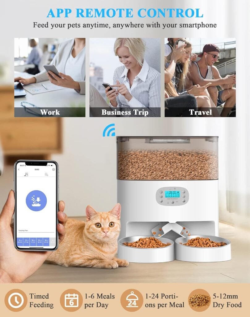 HoneyGuaridan 6L Automatic Cat Feeder for 2 Cats, 2.4G WiFi Enabled Smart Feed Pet Feeder for Dogs, Timed Pet Food Dispenser with Stainless Steel Bowl APP Control, 10s Voice Black
