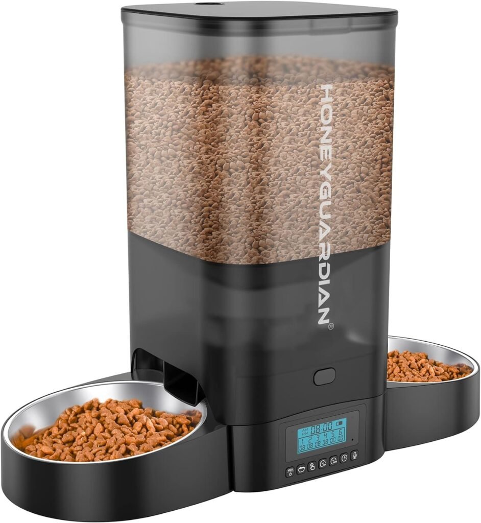 HoneyGuaridan Automatic Cat Feeder for Two Cats,5L Cat Food Dispenser with 2 Stainless Steel Bowl,Timed Cat Feeder Programmable 1-6 Meals Control, Dual Power Supply,Desiccant Bag,10s Meal Call(Black)