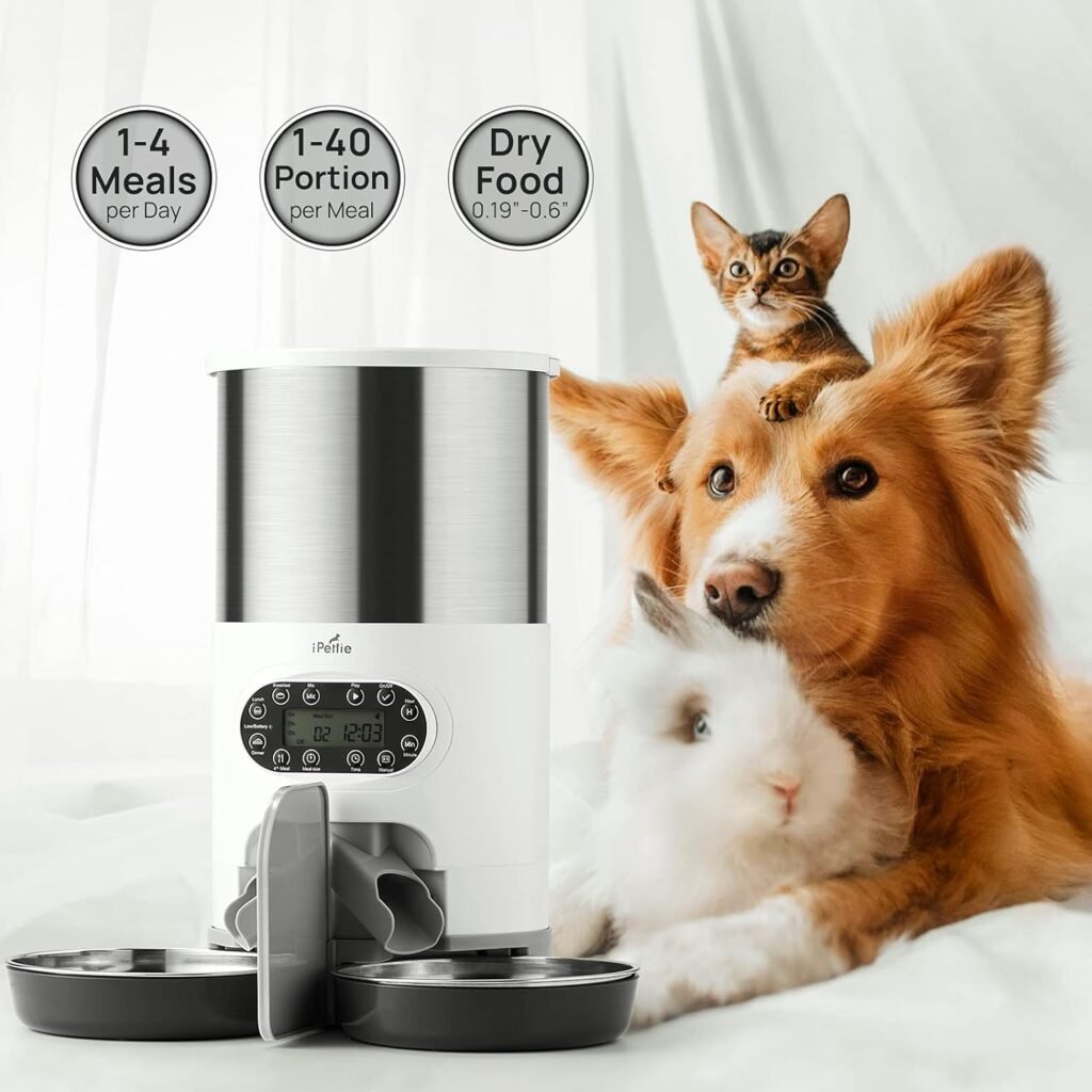 iPettie Automatic Pet Feeder for 2 Pets, 4.5L / 19.1cup Large Capacity, Stainless Steel Pet Food Dispenser with Portion Control, 1-4 Meals per Day, Two-Way Splitter, Double Bowl and Voice Recorder