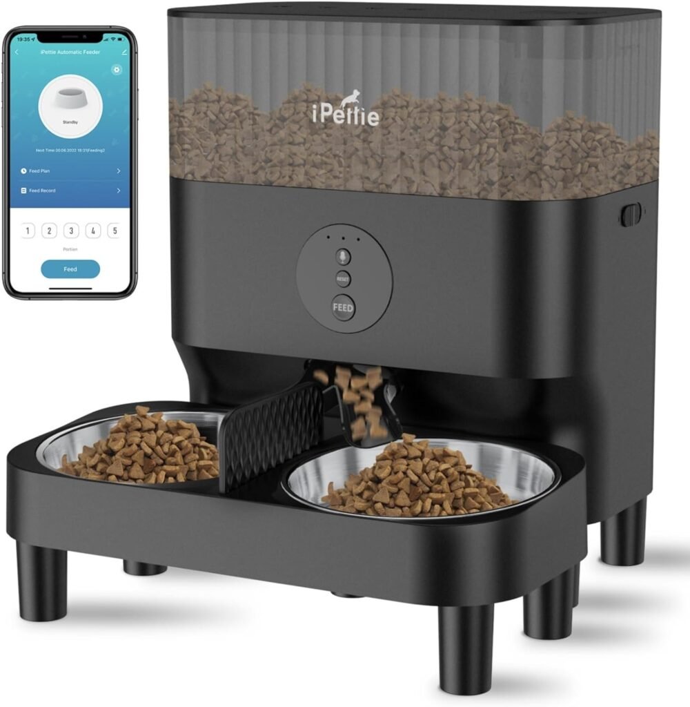 iPettie Automatic WiFi Pet Feeder for 2 Pets, 5L/21 Cup Capacity, 1-10 Meals Per Day, Adjustable Bowl Height, Smart Dog Cat Feeder with 2 Stainless Steel Bowls, Voice Recording, 2.4G WiFi App Control