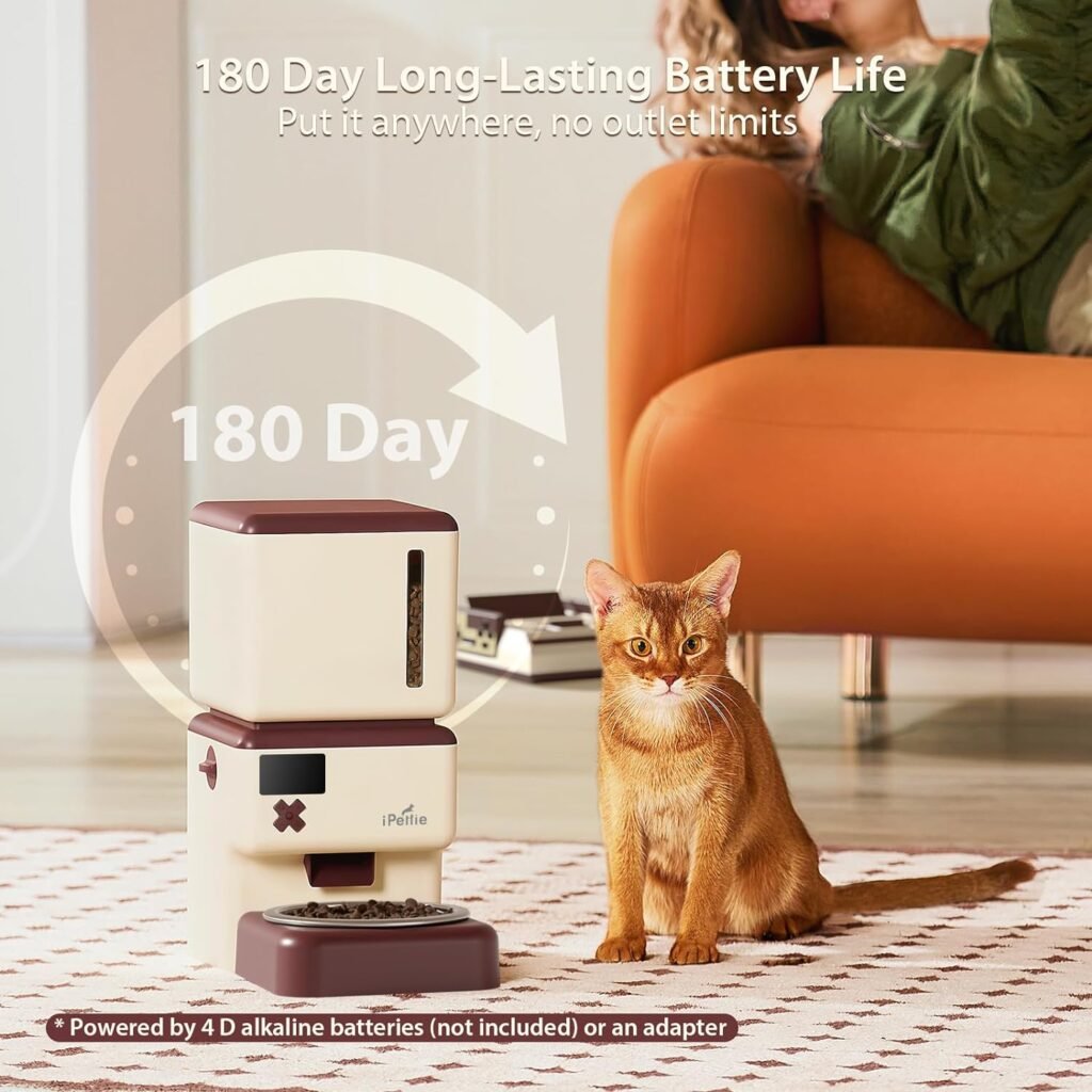 iPettie FC Automatic Cat Food Dispenser, Wireless Cat Feeder Automatic Battery-Operated with 180-Day Battery Life, Voice Recording, Stainless Steel Bowl, Food-Grade BPA Free Tank, 3.5L/15 Cup