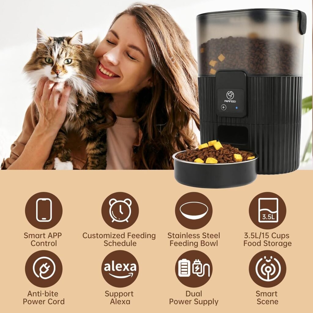 PAPIFEED Automatic Cat Feeder WiFi: Automatic Cat Dry Food Dispenser with APP Control  Alexa for Remote Feeding, Auto Pet Feeder with Dual Power Supply, 1-10 Meals Per Day for Cat, Dog (3.5L/15Cup)