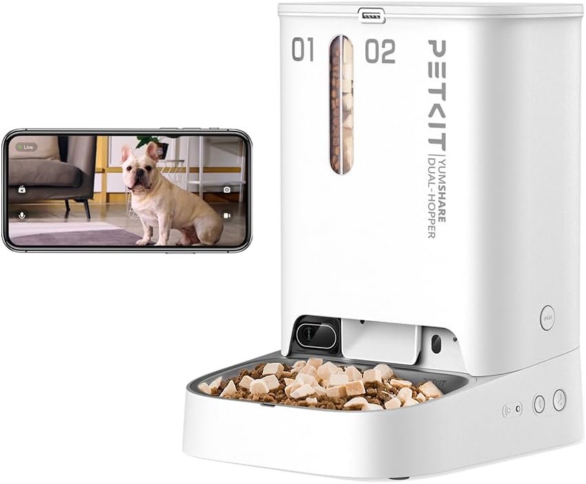 PETKIT Automatic Cat Feeder with Camera,1080P HD Video with Night Vision,Double Hopper Pet Feeder for Cats and Dogs with 2-Way Audio,Smart App Control Cat Food Dispenser,2.4G WiFi/Anti-Stick Bowl