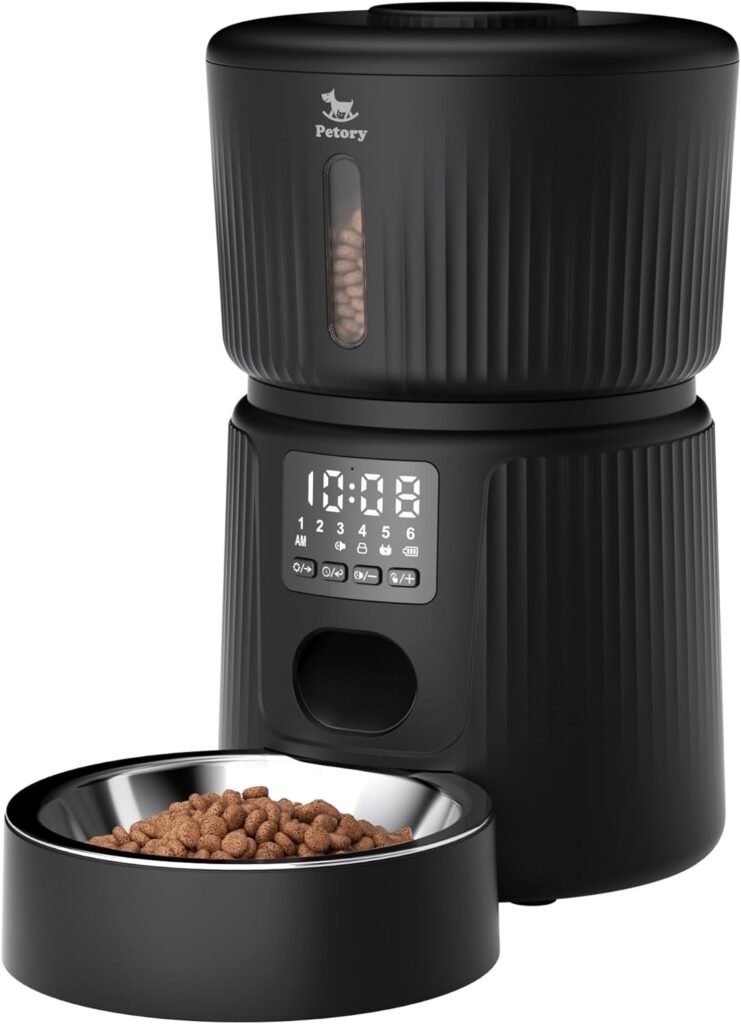 Petory Automatic Cat Feeder - 6 Meals Automatic Cat Food Dispenser with Slow Feeding for Cats and Small Dogs, Dual Power Supply Including Desiccant Bag
