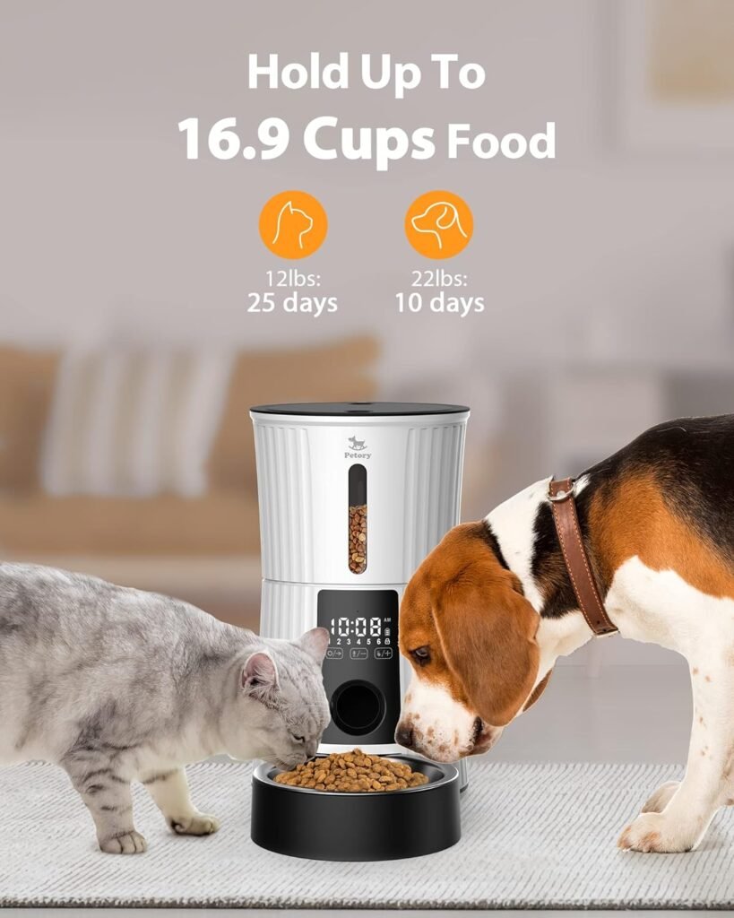 Petory Automatic Cat Feeders - 4L Timed Cat Feeders for Dry Food Built-in Battery up to 6 Meals with Desiccant Bag Support Dual Power 10S Recorder