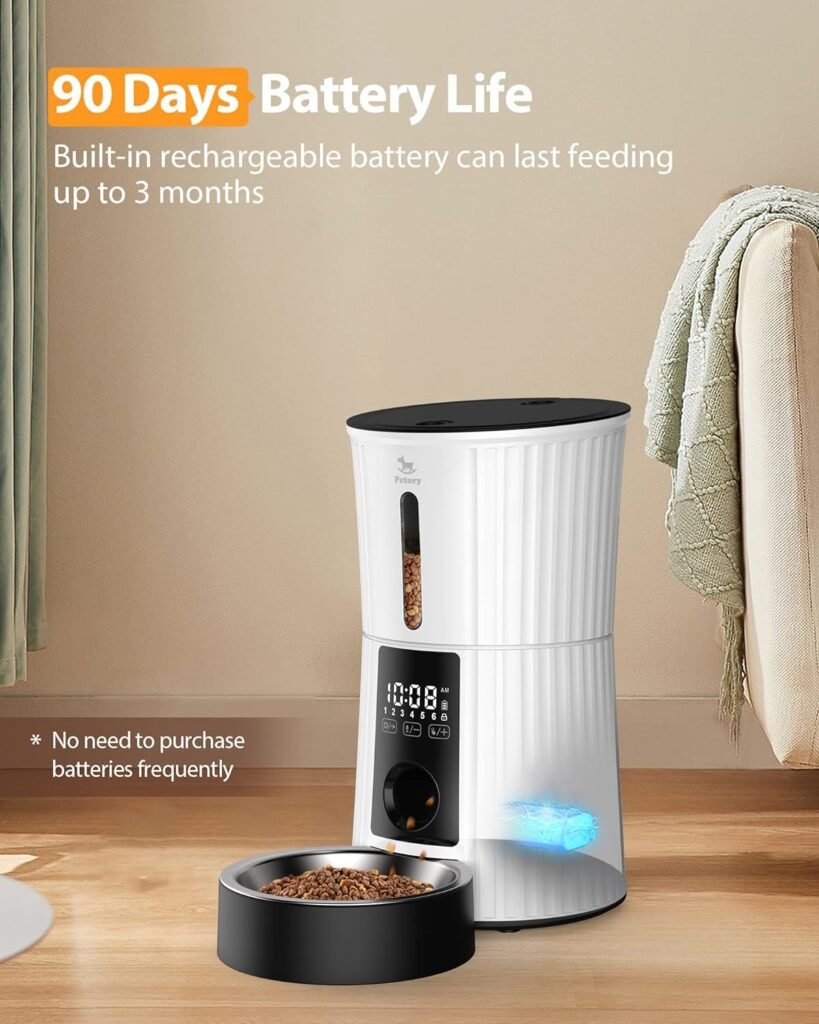 Petory Automatic Cat Feeders - 4L Timed Cat Feeders for Dry Food Built-in Battery up to 6 Meals with Desiccant Bag Support Dual Power 10S Recorder