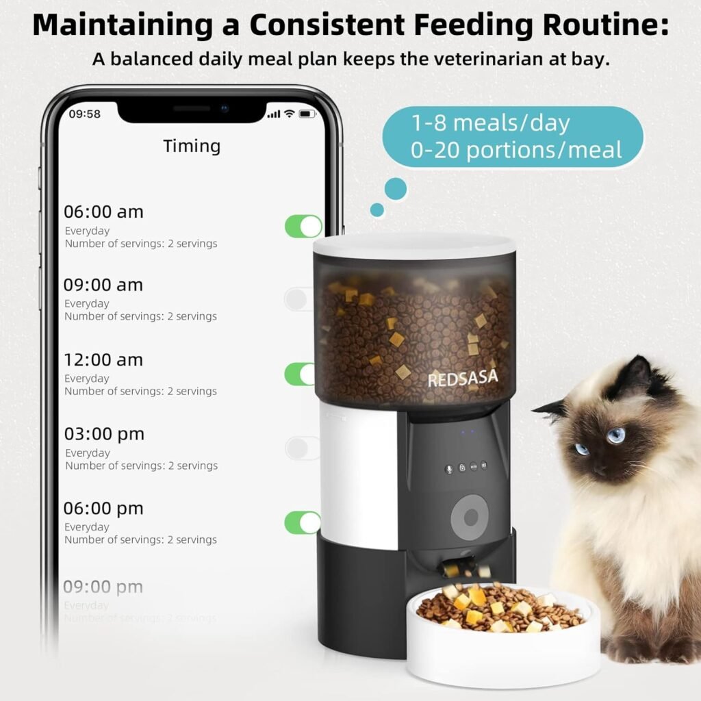 REDSASA Automatic Cat Feeder with Camera, WiFi-Enabled Cat Feeder with APP 2 Way Audio, 3L Automatic Cat Food Dispenser with Night Vision1080P HD Video, Up to 20 Portions 1-8 Meals Per Day